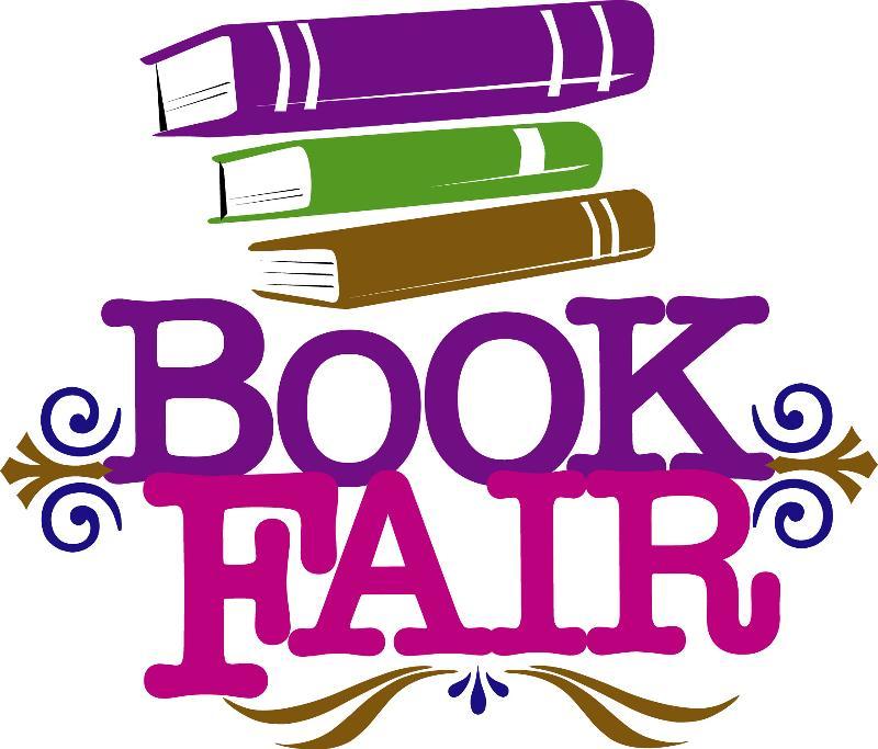  Stacked books in bright colors book fair wording