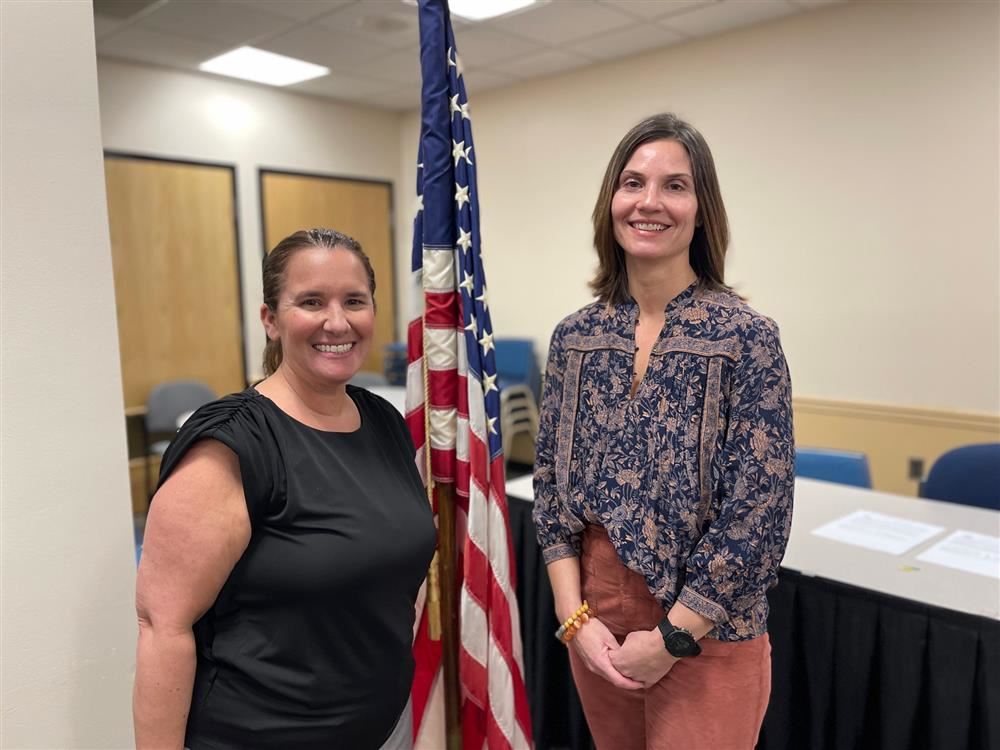 Allison Barocas and Megan Gardella after being sworn in to the Board of Education