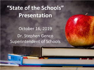 cover page of State of Schools Presentation showing book and apple 