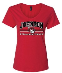  red t shirt with Johnson School Logo on it