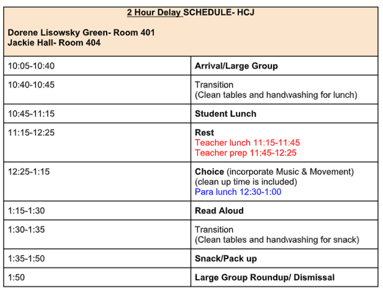 2 Hour Delay Schedule